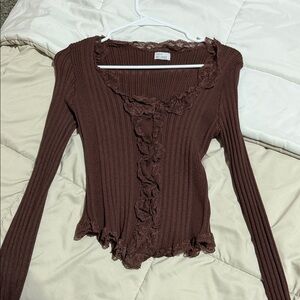 Tilly's Chocolate Brown Ribbed Ruffle-Trim Long Sleeve Top
